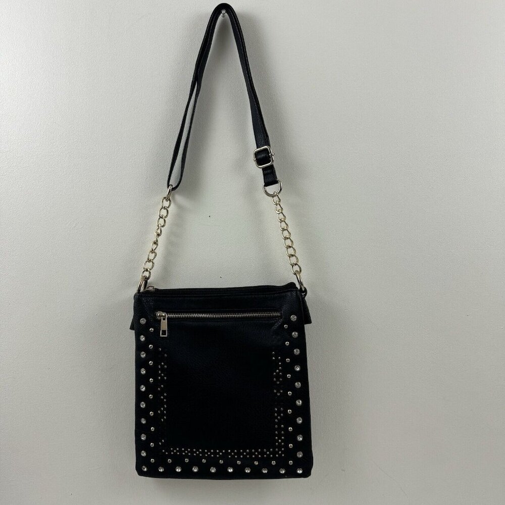 LaTique Black Faux Leather Studded Rhinestone Crossbody Purse Shoulder Handbag